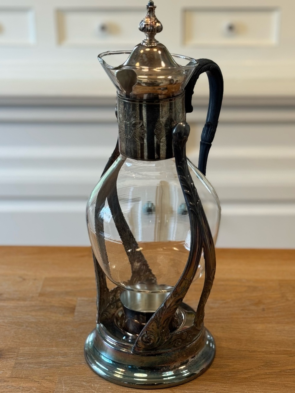 Antique Silver Tilting Glass Coffee Carafe & Warming Stand | Art Nouveau | HTF - Picture 1 of 11